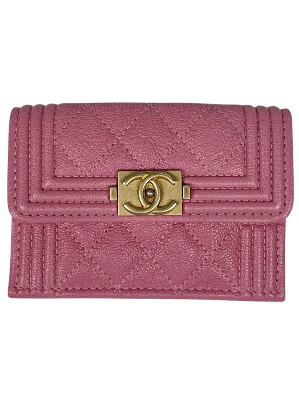 Chanel Trifold Wallet CC Logo Boy Small Caviar Leather Pink